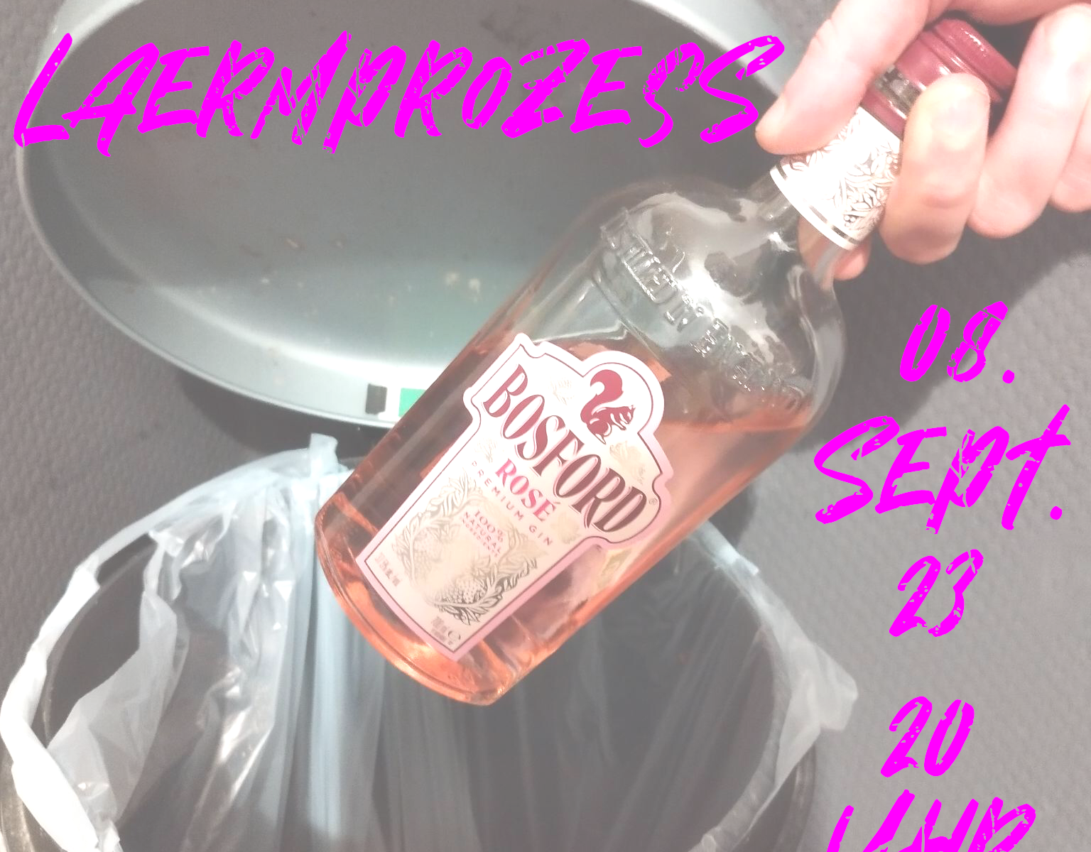 Flyerbild Konzert achter September 2023 im SubstAnZ Osnabrück. Eine Flasche Bossford wird in einen Mülleimer geschmissen. Bands, die auf dem Flyer stehen: Postford, TLR und Laermprozess. Start ist 20:00 Uhr
