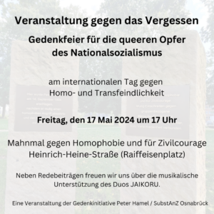 Gedenkveranstaltung @ Mahnmal gegen Homophobie und für Zivilcourage